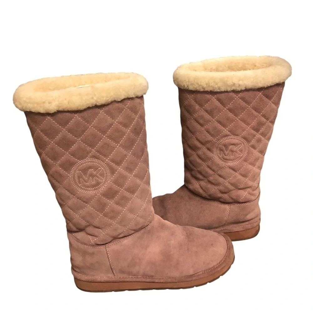 MICHAEL KORS WINTER SANDY DUSTY ROSE QUILTED SHEARLING LOGO TALL BOOTS WOMEN’S 8